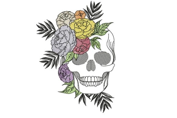 Boho Skull with Flowers: A Charming Embroidery Design